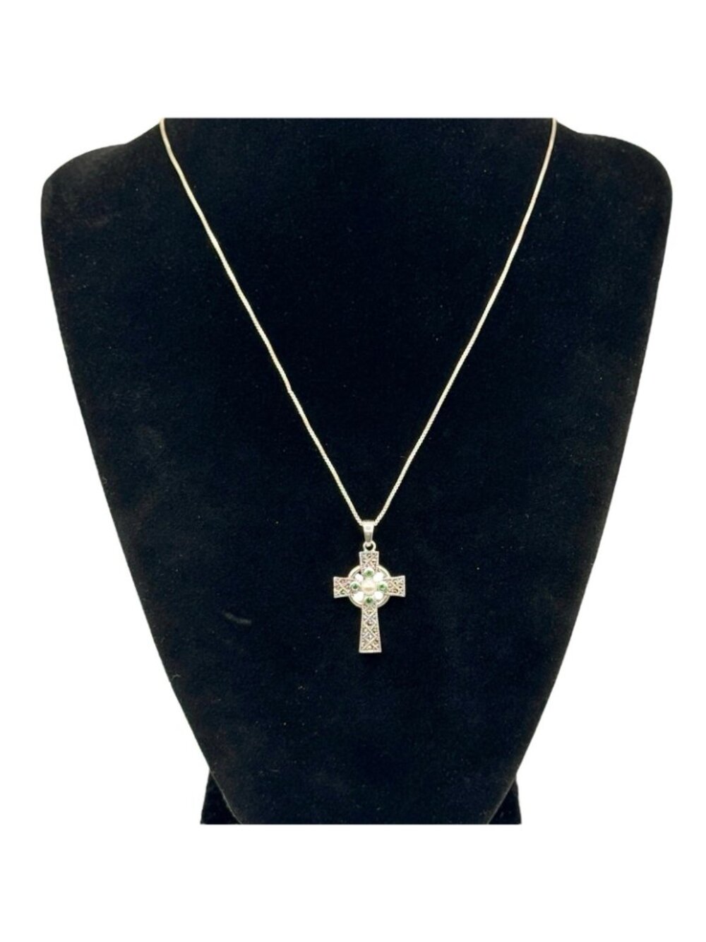 Emerald Sterling Cross Pendant Necklace Marcasites Pearl Center 925 Box Chain - Picture 3 of 14